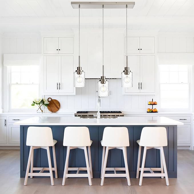 3-Light Farmhouse Chandelier Light Fixture Brushed Nickel Clear Seeded Glass Dining Room Hanging Modern Pendant Lighting Over Table,Traditional Ceiling Lights for Kitchen Island Entryway-CasaMuseHome