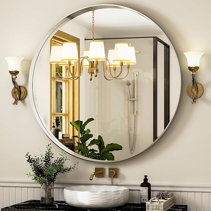 32 Inch Silver Round Bathroom Mirror - Wall Mounted Circle Mirror with Metal Frame, Modern Mirror Suitable for Bathroom, Vanity, Entryway, Living Room, Wall Decor-CasaMuseHome