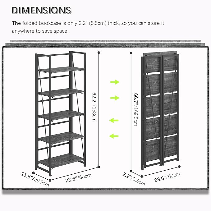 4NM No Assembly Foldable Bookshelf, 5-Shelf Collapsible Bookcase Storage for Small Spaces, 62.2" H, Gray and Black-CasaMuseHome