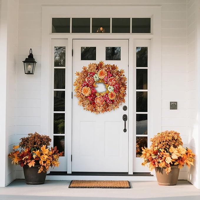 26" Fall Wreath for Front Door - Large Artificial Maple Leaves Fake Silk Peony Faux Pumpkin Outdoor Wreath for Porch, Window,Farmhouse,Home,Thanksgiving Day Harvest Festival Autumn Decor-CasaMuseHome