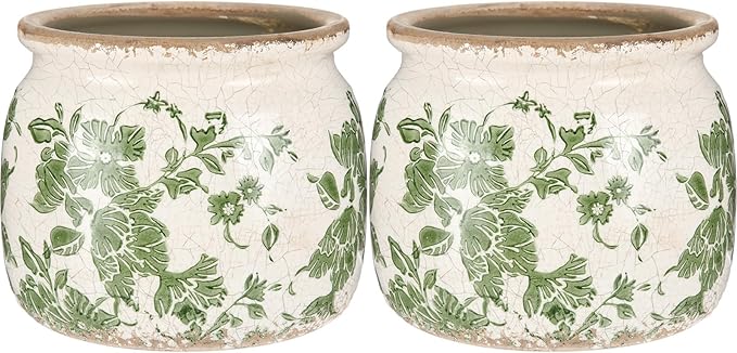 2 Pcs Vintage Planter Large Ceramic Plants Pot Beige Green Vintage Floral Ice Crack Cottage Scroll Vase Flower Vase Pot Indoor Plants Home Kitchen Decor Farmhouse Antique Decorative Gifts-CasaMuseHome