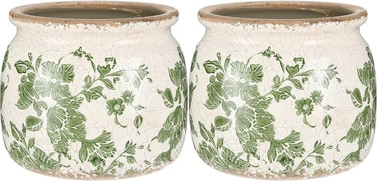 2 Pcs Vintage Planter Large Ceramic Plants Pot Beige Green Vintage Floral Ice Crack Cottage Scroll Vase Flower Vase Pot Indoor Plants Home Kitchen Decor Farmhouse Antique Decorative Gifts-CasaMuseHome