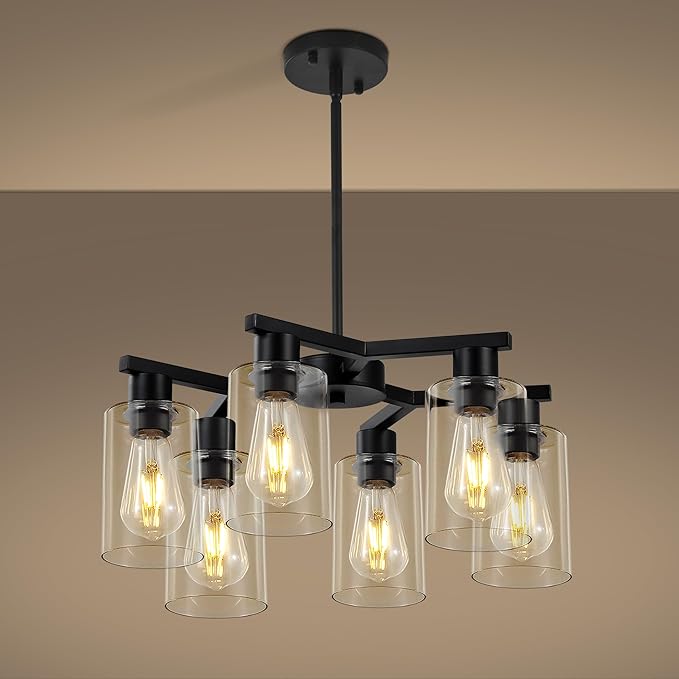 6-Light Black Modern Farmhouse Chandelier for Dining Room Ceiling Light Fixture with Clear Glass Shades, Adjustable Hanging Industrial Pendant Lighting for Living Room Kitchen Island Bedroom Entryway-CasaMuseHome