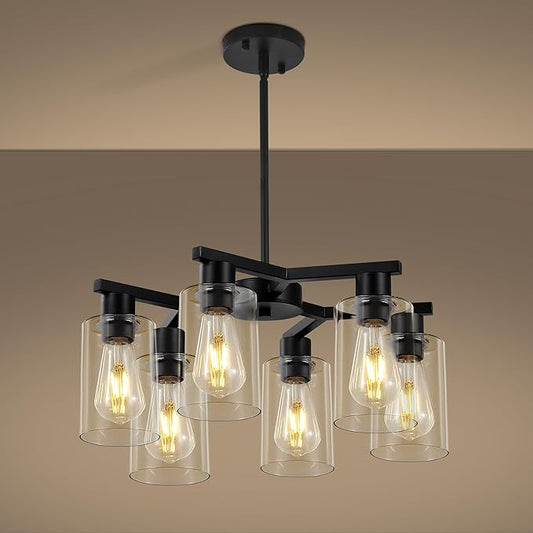 6-Light Black Modern Farmhouse Chandelier for Dining Room Ceiling Light Fixture with Clear Glass Shades, Adjustable Hanging Industrial Pendant Lighting for Living Room Kitchen Island Bedroom Entryway-CasaMuseHome