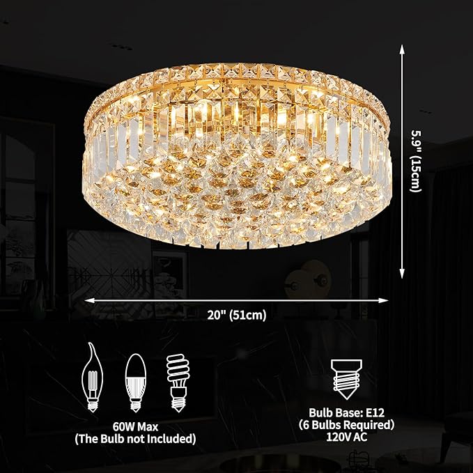 6-Lights Gold Crystal Flush Mount Chandelier Light Fixture K9 Crystals Modern Ceiling Lights Elegant Pendant Lamp for Bedroom,Hallway,Bar,Living Room,Dining Room,H5.9 xW20 (Bulbs Not Included)-CasaMuseHome