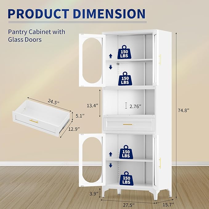 75” Tall Kitchen Pantry Storage Cabinet, Metal Storage Cabinet with 1 Drawer and Adjustable Shelves, Kitchen Pantry Cupboard, Freestanding Cupboard for Bathroom, Living Room (White-Glass Door)-CasaMuseHome