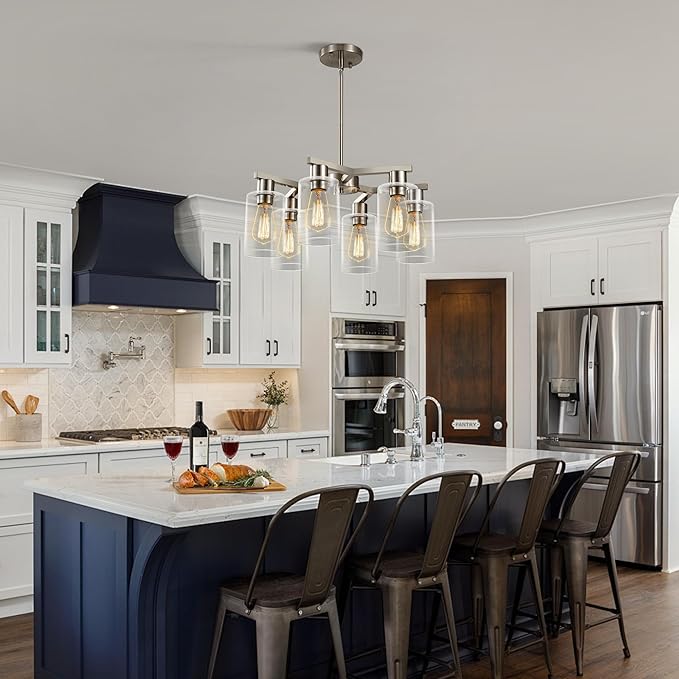 6-Light Modern Farmhouse Brushed Nickel Chandelier, Dining Room Light Fixture Over Table Adjustable Height Hanging Industrial Pendant Lights Kitchen Island, Clear Glass Shade-CasaMuseHome