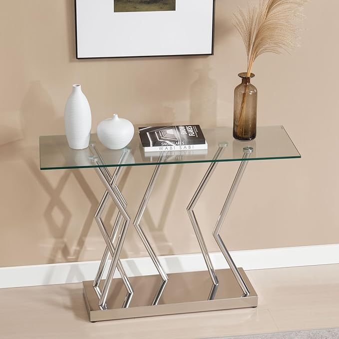 43.3" Glass Modern Console Table, Sturdy Silver Entryway Table with Stainless Steel Base, Rustic Entrance Table, Minimalist Narrow Tables for Living Room & Office-CasaMuseHome