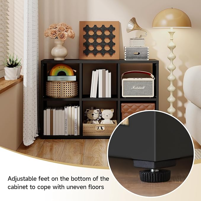 6 Cube Storage Organizer, Black Bookshelf with Storage, 2 Tier Storage Cubes, Freestanding Storage Organizer with Shelves for Living Room, Study-CasaMuseHome