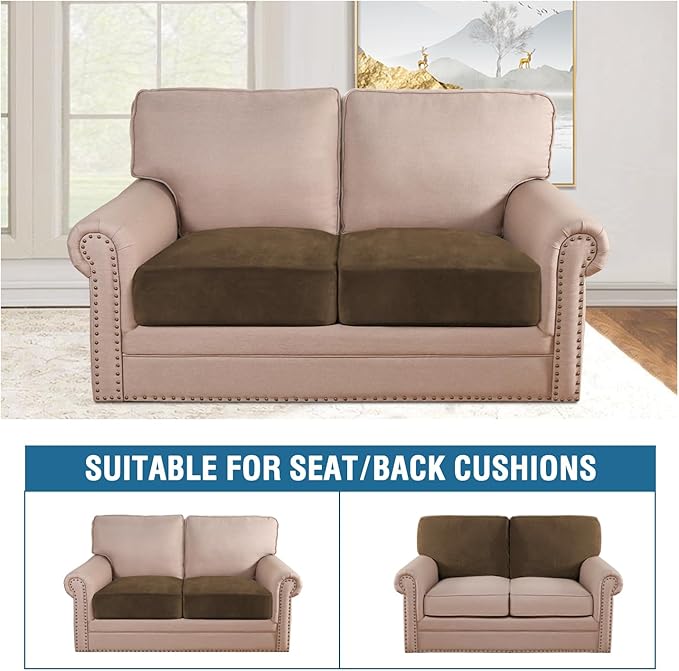 H.VERSAILTEX Velvet Stretch Couch Cushion Cover Plush Cushion Slipcover for Chair Loveseat Sofa Cushion Furniture Protector Seat Cushion Sofa Cover (2 Piece Large Sofa Cushion Covers, Bronze Brown)-CasaMuseHome