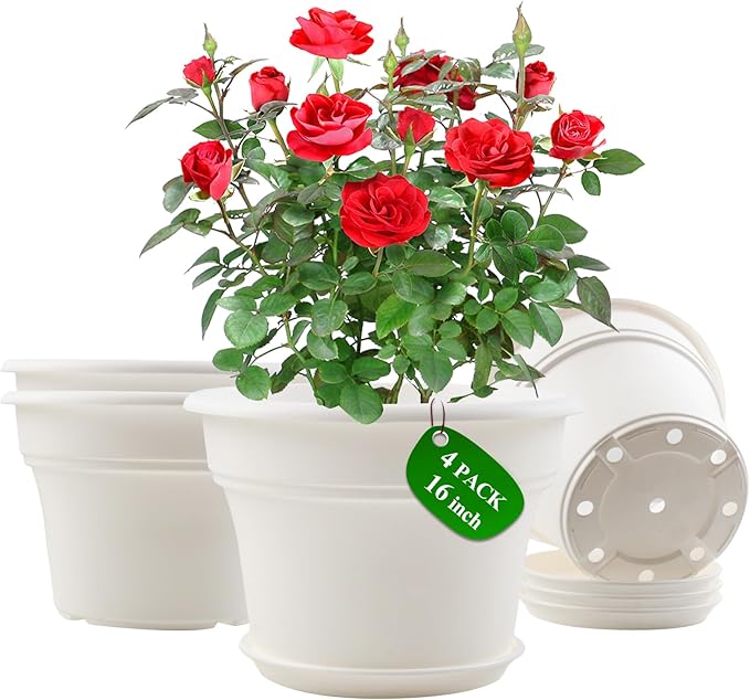16 inch Plastic-Flower-Pot-for-Indoor-Plants, 4 Pack Large Outdoor Planter Pot with Drainage Holes & Saucers, Resin Decorative Garden Pots Planters-CasaMuseHome