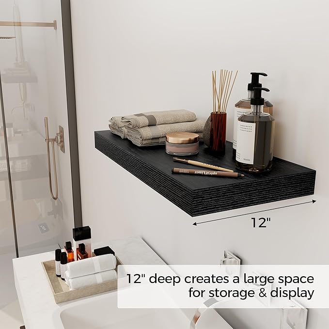 12 Inch Deep Black Floating Shelves, 24 x 12 Floating Shelf for Books, Rustic Wood Deep Wall Shelves for Home Storage & Display, 2" Thicked Shelves for Kitchen, Living Room, Bedroom, 2 Pack-CasaMuseHome