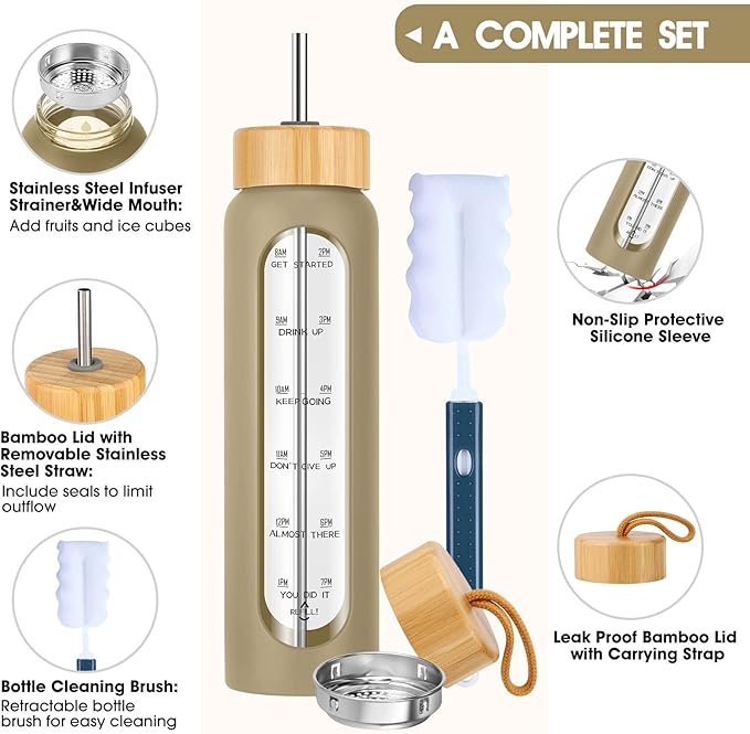 32 oz Glass Water Bottle with Straw - Motivational Time Marker & Silicone Sleeve - Reusable Tumbler Includes 2 Bamboo Lids & Fruit Infuser - 1 Pack-CasaMuseHome