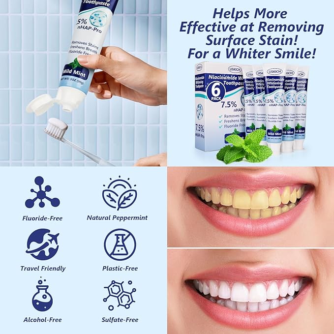 7.5% Nano Hydroxyapatite Toothpaste,6 Pack Fresh Breath Toothpaste for Remineralizing Enamel & Sensitive Relief,Whitening,Antiplaque,Natural Peppermint,Fluoride-Free-CasaMuseHome