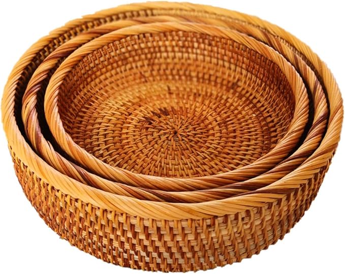 3 Pack Hadewoven Round Rattan Fruit Basket Wicker Food Tray Weaving Storage Holder Dinning Room Bowl, 10 Inch Small Wicker Basket Serving Tray Woven Basket for Bread,Snack,Brown(3-Size Kit)-CasaMuseHome