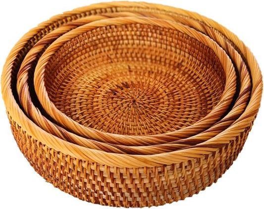 3 Pack Hadewoven Round Rattan Fruit Basket Wicker Food Tray Weaving Storage Holder Dinning Room Bowl, 10 Inch Small Wicker Basket Serving Tray Woven Basket for Bread,Snack,Brown(3-Size Kit)-CasaMuseHome