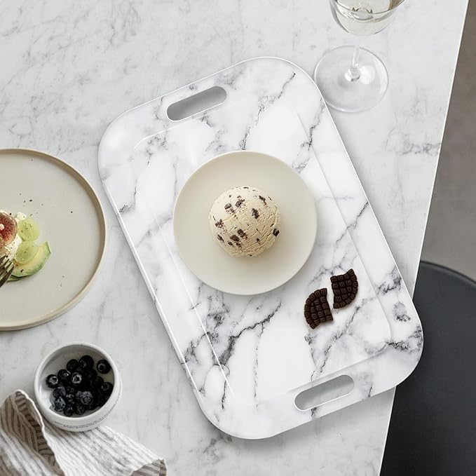 Serving Trays with Handles, 14.5 x 9.8 inch Rectangular Plastic Tray for Restaurant, Kitchen, Gray White Marble-CasaMuseHome