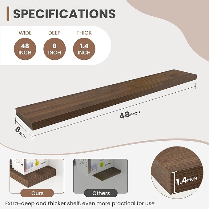48 Inch Floating Shelves, 8 Inch Deep Floating Shelves for Wall, Hanging Shelf with Invisible Brackets, Deep Shelves for Bathroom, Bedroom, Living Room, Walnut, Set of 1-CasaMuseHome