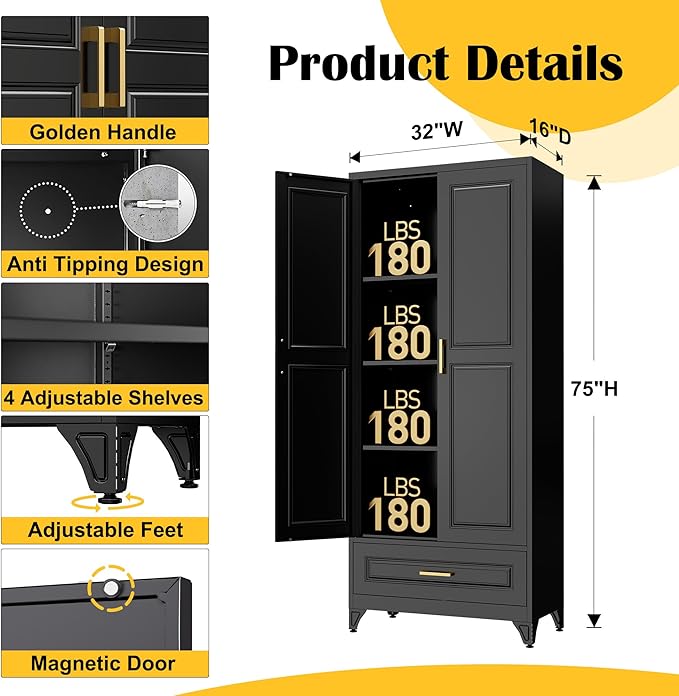 75" Kitchen Pantry Cabinet with Drawer, Metal Storage Cabinets with Doors and 4 Adjustable Shelves,Black Kitchen Cabinet with 2 Gold Handles,Food Cupboard for Livingroom,Pantry-CasaMuseHome