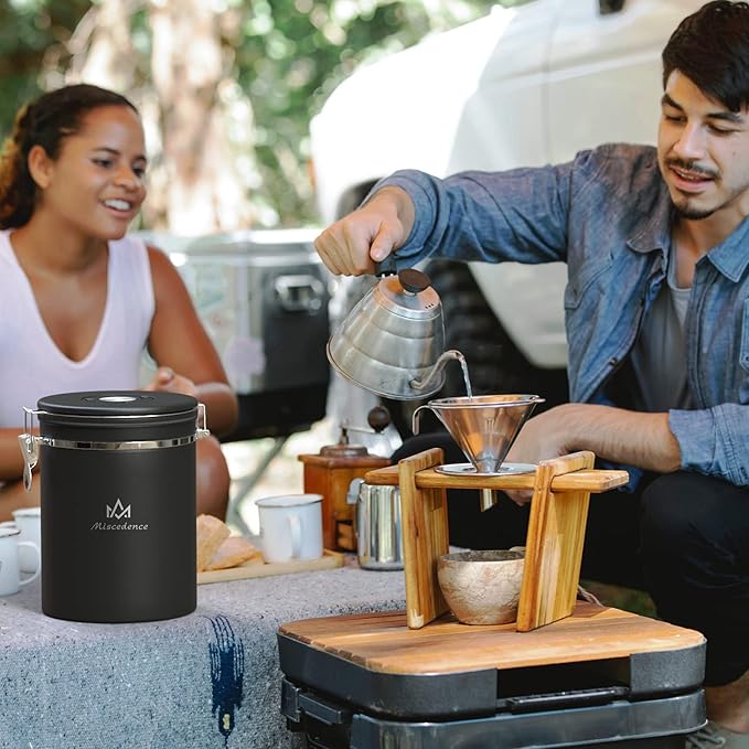 35OZ Coffee Canister for ground coffee with Date Tracker,One Way Co2 Valve 304 Stainless Steel Kitchen Food Airtight storage container for Coffee Beans or Grounds, Sugar Black-CasaMuseHome
