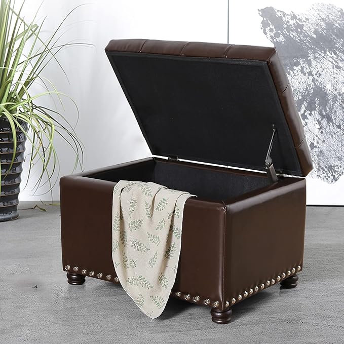 24'' Leather Storage Ottoman Rectangular Foot Rest Stool with Nailhead Trim for Bedroom Living Room(Dark Brown)-CasaMuseHome