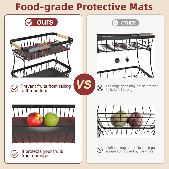 2 Tier Fruit Basket for Kitchen Counter with 2 Mobile Banana Hangers, 2025 Pro Detachable Metal Fruit Bowl with Wooden Handle, Fruit Holder for Bread Snack Veggies with Protective Mats-CasaMuseHome