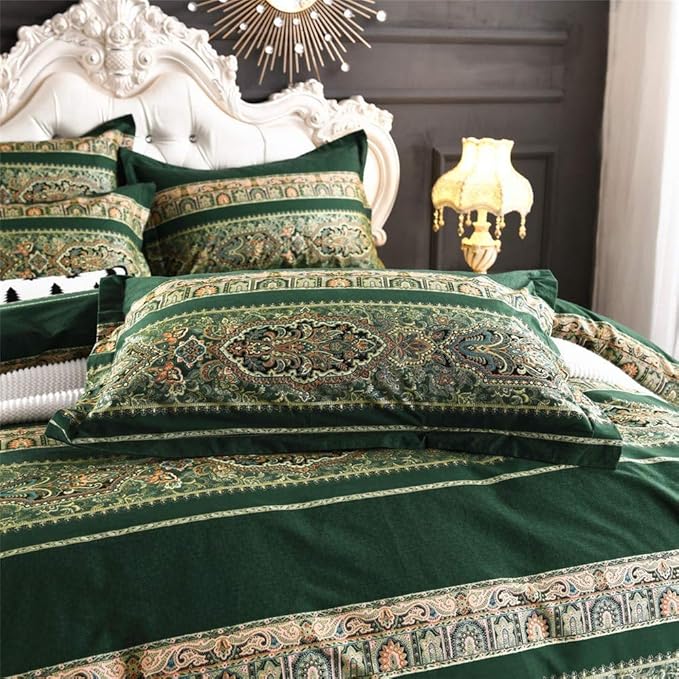 ABREEZE Bohemian Vintage Cal.King Size Floral Cotton Bedding Set 3Pcs Duvet Cover Set Boho Green Paisley 100% Egyptian Brushed Cotton Reversible Home Bedding Collection-CasaMuseHome
