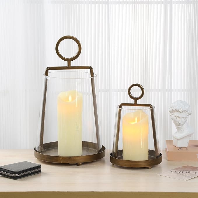 6" Wide Modern Farmhouse Metal Hurricane Candle Holder with Handmade Sturdy Glass Sleeve in Antique Brass for Pillar Candle & Plants, Hurricane Lantern, Industrial, Minimalistic (1, Brass, 6"x10")-CasaMuseHome