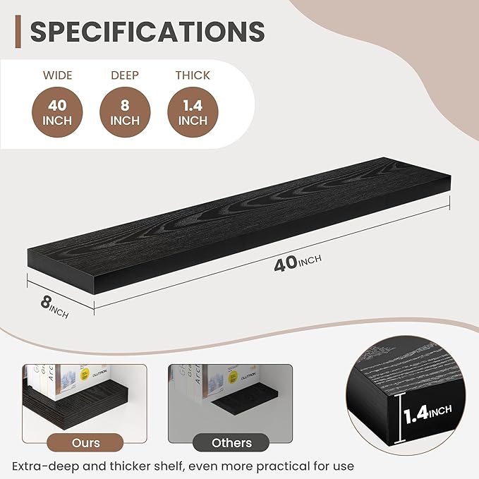 40 Inch Floating Shelves, 8 Inch Deep Floating Shelves for Wall, Hanging Shelf with Invisible Brackets, Deep Shelves for Bathroom, Bedroom, Living Room, Black, Set of 2-CasaMuseHome