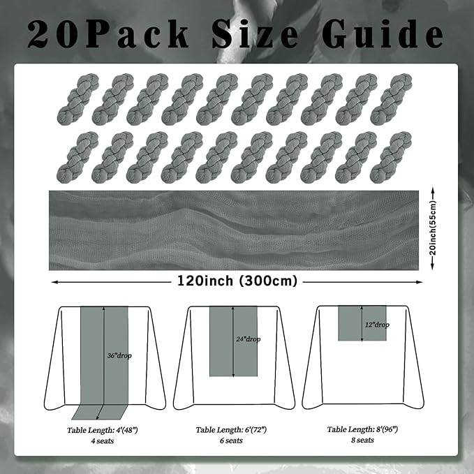 20 Pack Gray 10FT Cheesecloth Table Runner Rustic Gauze Fabric Cheese Cloth Table Runner for Wedding Bridal Baby Shower Table Decor 20 x 120 Inch Long Boho Sheer Birthday Party Table Decorations-CasaMuseHome
