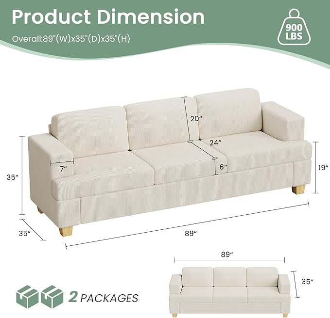 3 Pieces Corduroy Couch Set for Living Room, 3 Seater*2 & Loveseat Cloud Sofa, Deep Seat Floor Couch for Bedroom, Futon Modern Sofa Bed, White Corduroy-CasaMuseHome