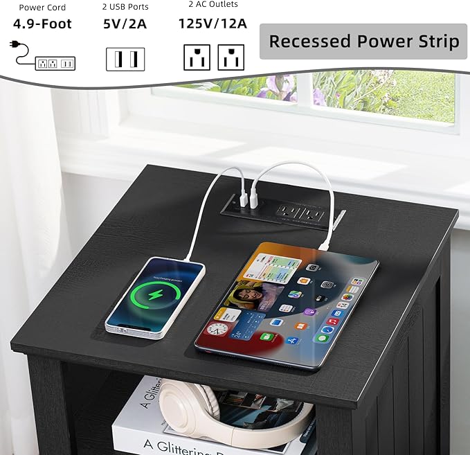 18" Farmhouse Night Stand with Charging Station, 2 Drawers End Table Dresser for Bedroom, Black Wooden Nightstand, Bed Side Table with Open Shelf, Bedside Cabinet for Living Room, Closet-CasaMuseHome