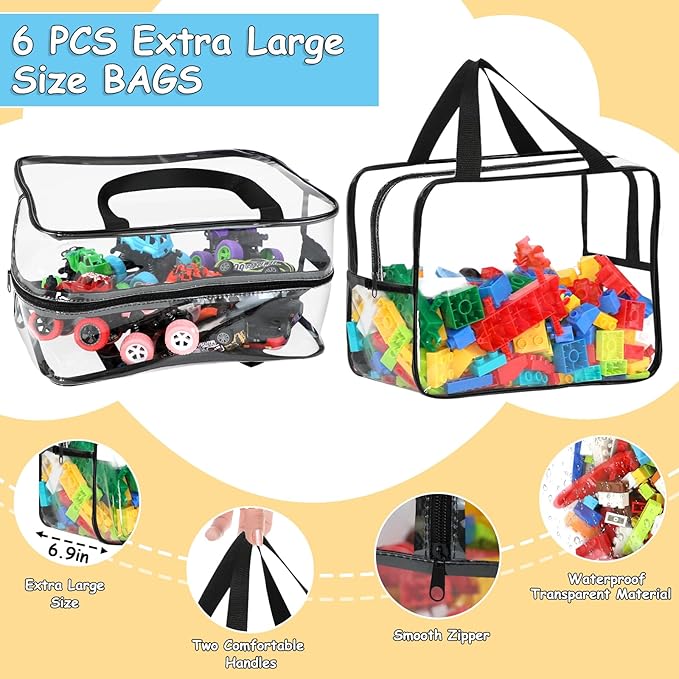 6 Packs Widen X-Large Toy Storage Bags 12.6×9.25×6.9In with Labels, Reusable Clear PVC Board Game Storage, Travel Waterproof Organizer Bags with Zipper for Building Blocks, Puzzle, Stuffed Animals-CasaMuseHome