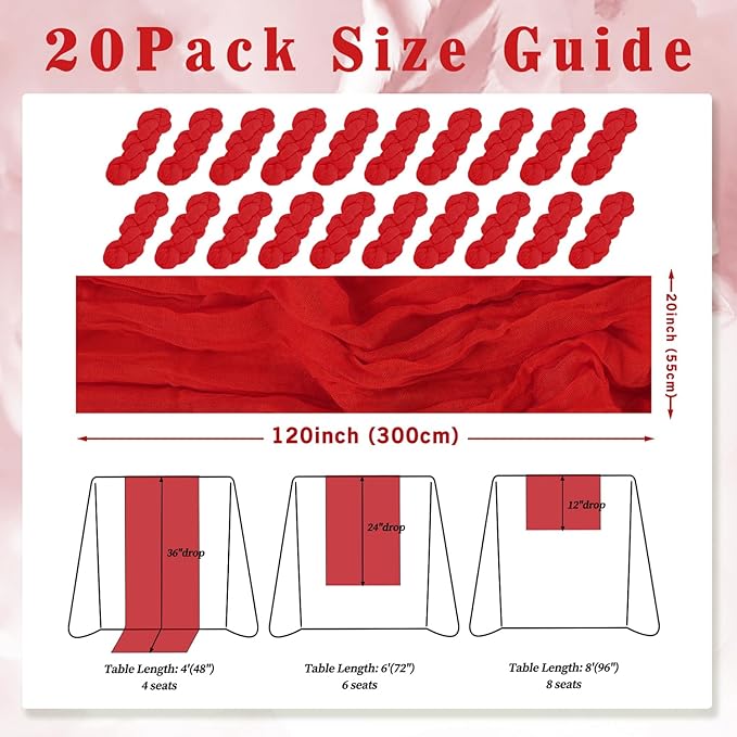 20 Pack Red 10FT Cheesecloth Table Runner Rustic Gauze Fabric Cheese Cloth Table Runner for Wedding Bridal Baby Shower Table Decor Boho Sheer Birthday Party Table Decorations 20 x 120 Inch Long-CasaMuseHome