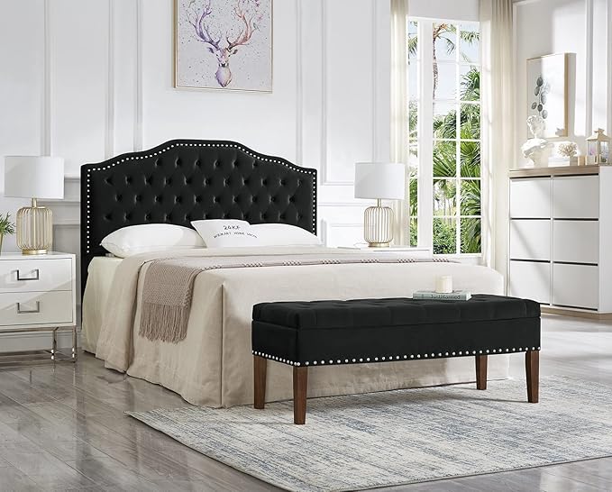 24KF Upholstered Button Tufted Queen Size Full Size Headboard with Nailhead Trim, Soft Velvet Fabric Headboard Queen/Full Size Headboad-Black-CasaMuseHome