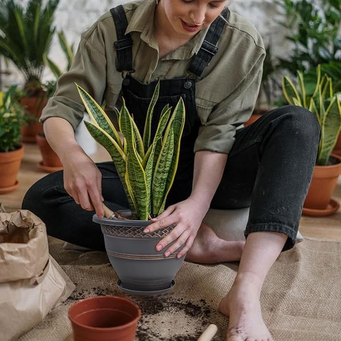 6 Pack 8 Inch Plant Pots, Plastic Flower Pot for Indoor & Outdoor with Drainage Holes & Saucer, Plaid Pattern Planters Garden Pots for Herbs-CasaMuseHome