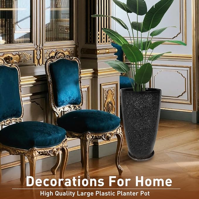 2 Pcs Pack 21 Inches Plastic Resin Tall Tapered Planter Pots Large Round Planter Flower Pot with Drainage Holes for Indoor Outdoor Deck Porch Garden Home Patio Front Door (Black, L)-CasaMuseHome