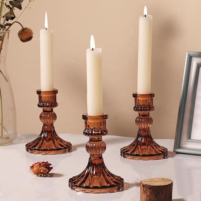 12PCS Amber Candlestick Holders Set- 4" H Taper Candle Holders, Glass Candle Holders Bulk for Wedding, Party, Fall Home Table Centerpieces, Festival Gifts & Windowsill Decor-CasaMuseHome