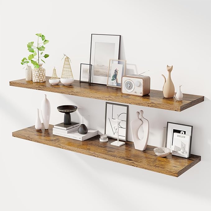 55" Floating Shelves for Wall, 12" Deep Slim Rustic Brown Floating Shelves, Wall-Mounted Shelves for Bedroom, Living Room, Kitchen, Bathroom - Set of 2-CasaMuseHome
