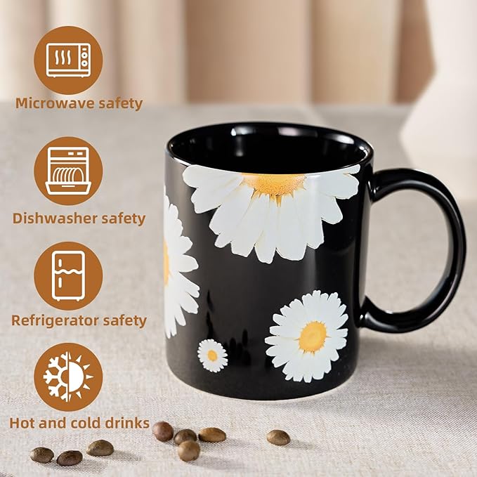 12Oz Daisy floral Black Ceramic Mug, Mug for Daily Coffee and Tea, Lead-free Microwave and Dishwasher Safe Coffee Mug, Perfect gifts for Women and men-CasaMuseHome