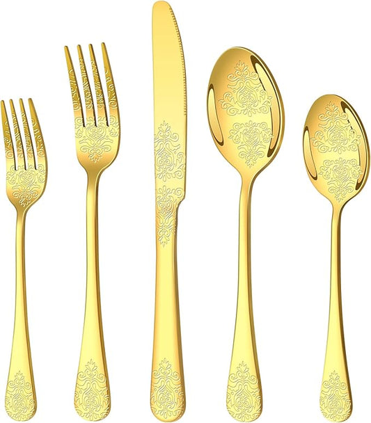 40 Pcs Gold Silverware Set for 8 with Classical Flower Embossed Design, Food Grade Stainless Steel Flatware Set, Eating Utensils Sets Include Fork/Knife/Spoon, Cutlery Set, Dishwasher Safe-CasaMuseHome