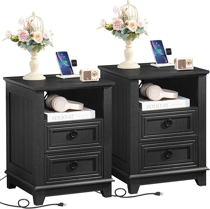 18" Night Stands Set of 2 with Charging Station, Farmhouse 2 Drawers End Table Dresser for Bedroom, Black Wooden Nightstand, Bed Side Table with Open Shelf, Bedside Cabinet for Living Room-CasaMuseHome