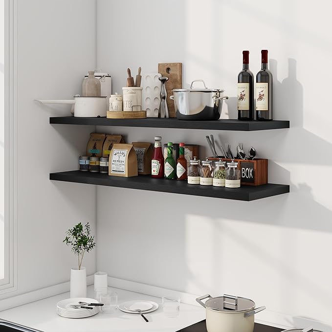 48" Floating Shelves for Wall, 12" Deep Slim Black Floating Shelves, Wall-Mounted Shelves for Bedroom, Living Room, Kitchen, Bathroom - Set of 2-CasaMuseHome