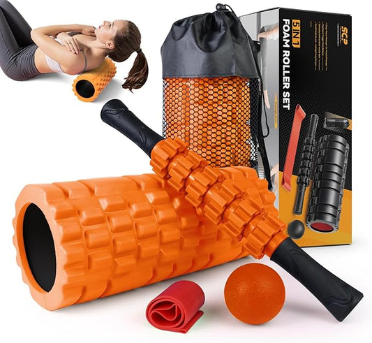5 in 1 Foam Roller Set for Deep Tissue Muscle Massage, Trigger Point Fitness Exercise Foam Roller, Massage Roller, Massage Ball, Stretching Strap, for Whole Body (Orange-New)-CasaMuseHome