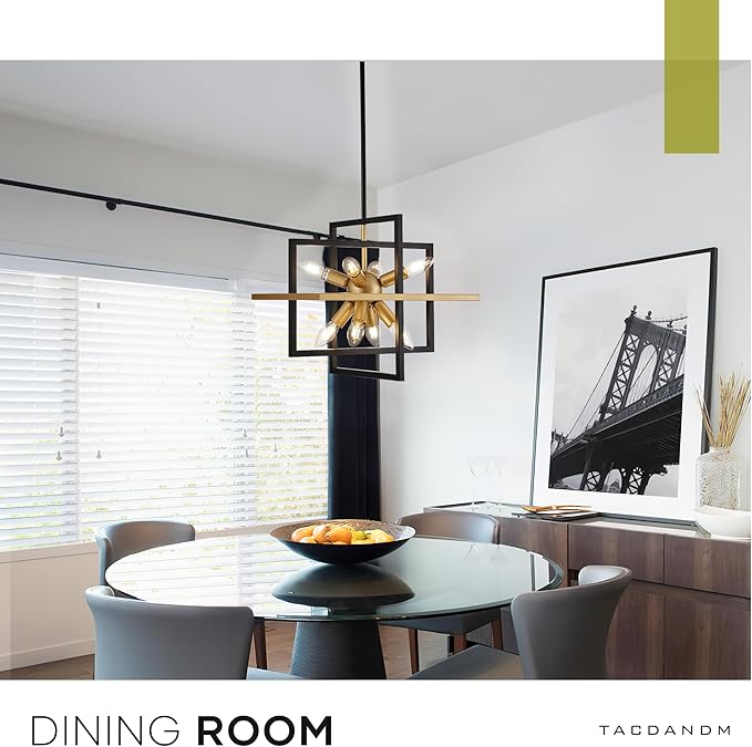 15.8'' Black Gold 8-Light Sputnik Chandelier Modern Industrial Adjustable Hanging Geometric Pendant Light Fixture for Entryway Foyer Stairway Hallway Bedroom Living Room Kitchen Island-CasaMuseHome