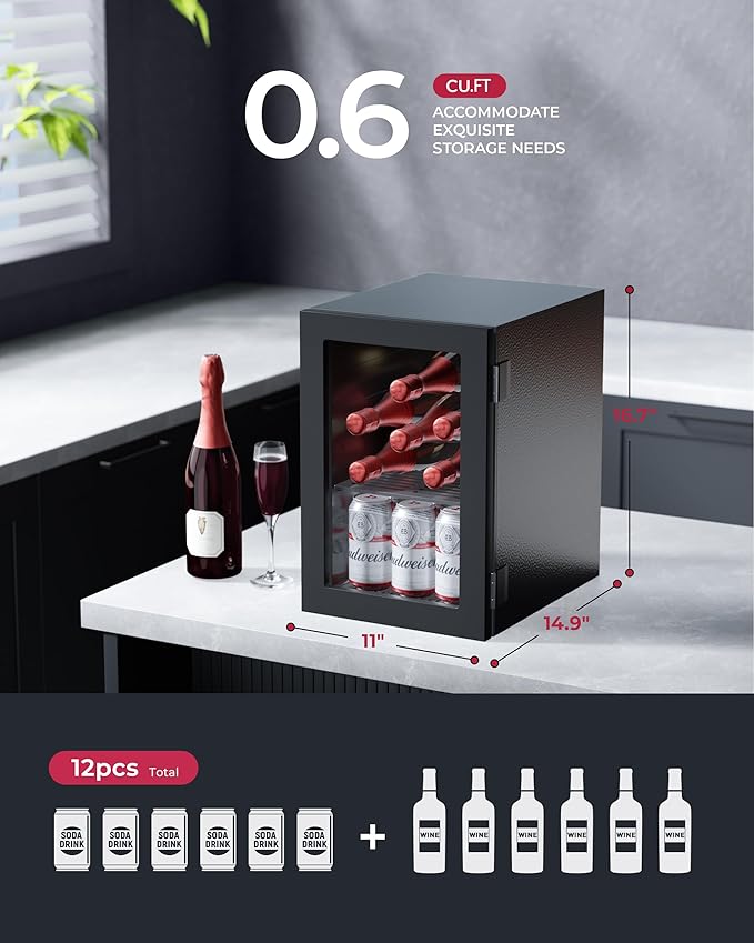 6 Bottles and 6 Cans Compact Beverage Refrigerator, Freestanding Mini Fridge with Temperature Control for Beer Wine, Under Counter Small Refrigerator Adjustable Shelve & Glass Door for Home and Bar-CasaMuseHome