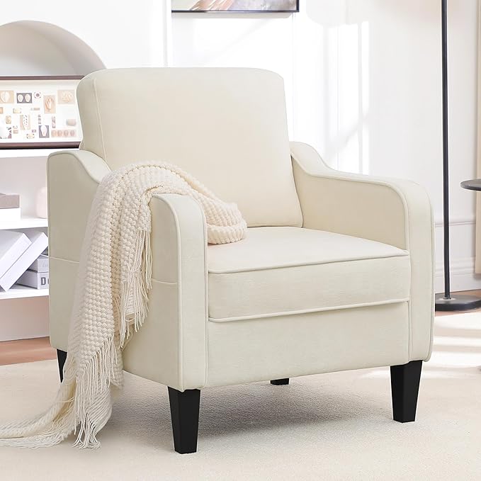 Accent Chairs Set of 2, Upholstered Living Room Chairs with Side Pockets, Mid Century Modern Reading Chair for Bedroom, Comfy Armchair Single Sofa Side Chair for Office, Small Room, Beige-CasaMuseHome