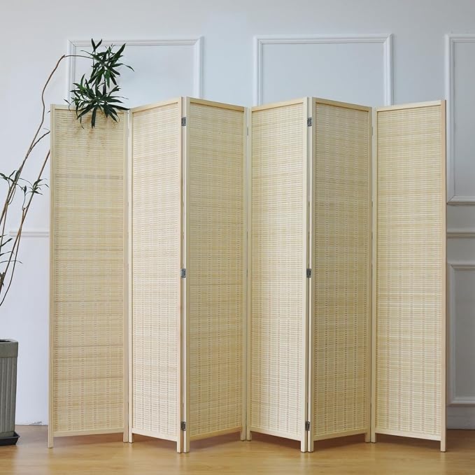 6 Panel Folding Room Divider Screen, Bamboo, for Separation, Beige, 67" H x 92.1" W-CasaMuseHome