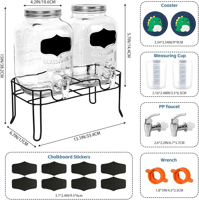 2-Pack 1 Gallon Glass Laundry Detergent Dispenser Set with Bamboo Lids and Stand - Liquid Soap and Fabric Softener Dispensers with Spigots, Cups, Labels and Mats, Laundry Room Organization and Storage-CasaMuseHome