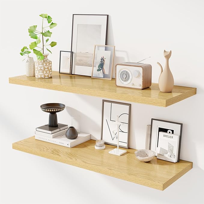 40" Floating Shelves for Wall, 12" Deep Slim Oak Floating Shelves, Wall-Mounted Shelves for Bedroom, Living Room, Kitchen, Bathroom - Set of 2-CasaMuseHome
